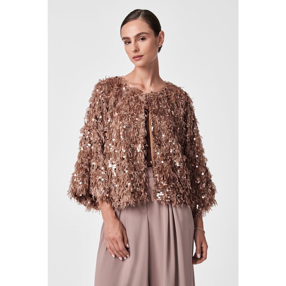 Trina Turk Oller Cropped Faux Fur Jacket in Boudoir Beige Tan Sequin Size Medium
